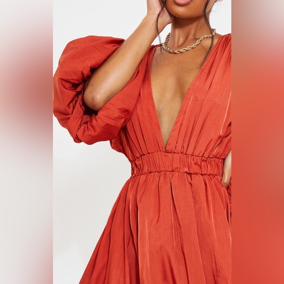 Pretty Little Thing Terracotta Puff Sleeve Puffball Hem Shift Dress NWT - Picture 5 of 8